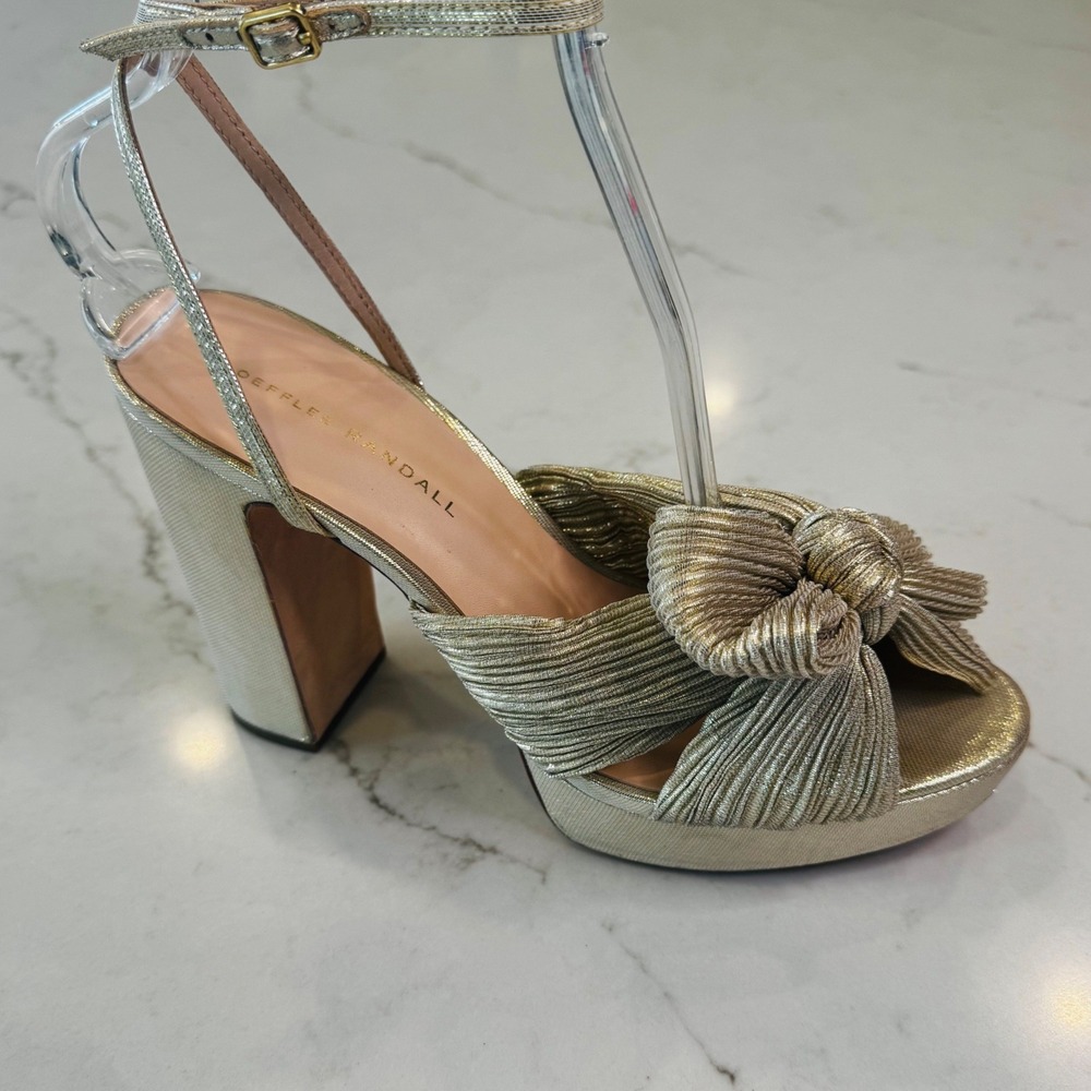 Loeffler Randall Natalia Women 9 B Gold Pleated Platform Bow Heeled Sandal Italy